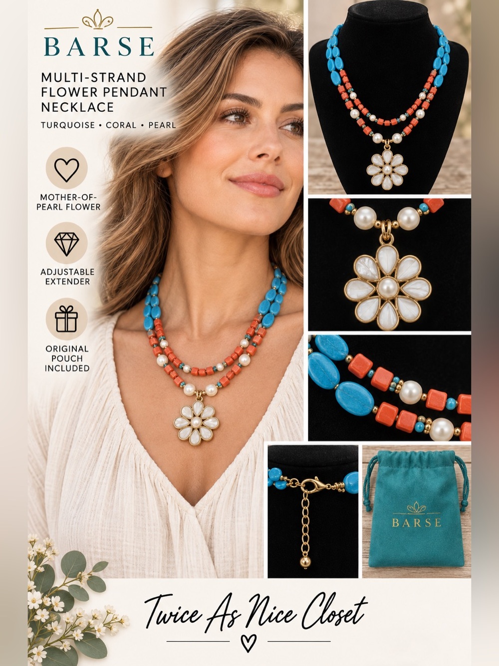 Barse Turquoise Coral Pearl Multi Strand Flower Pendant Necklace with Pouch